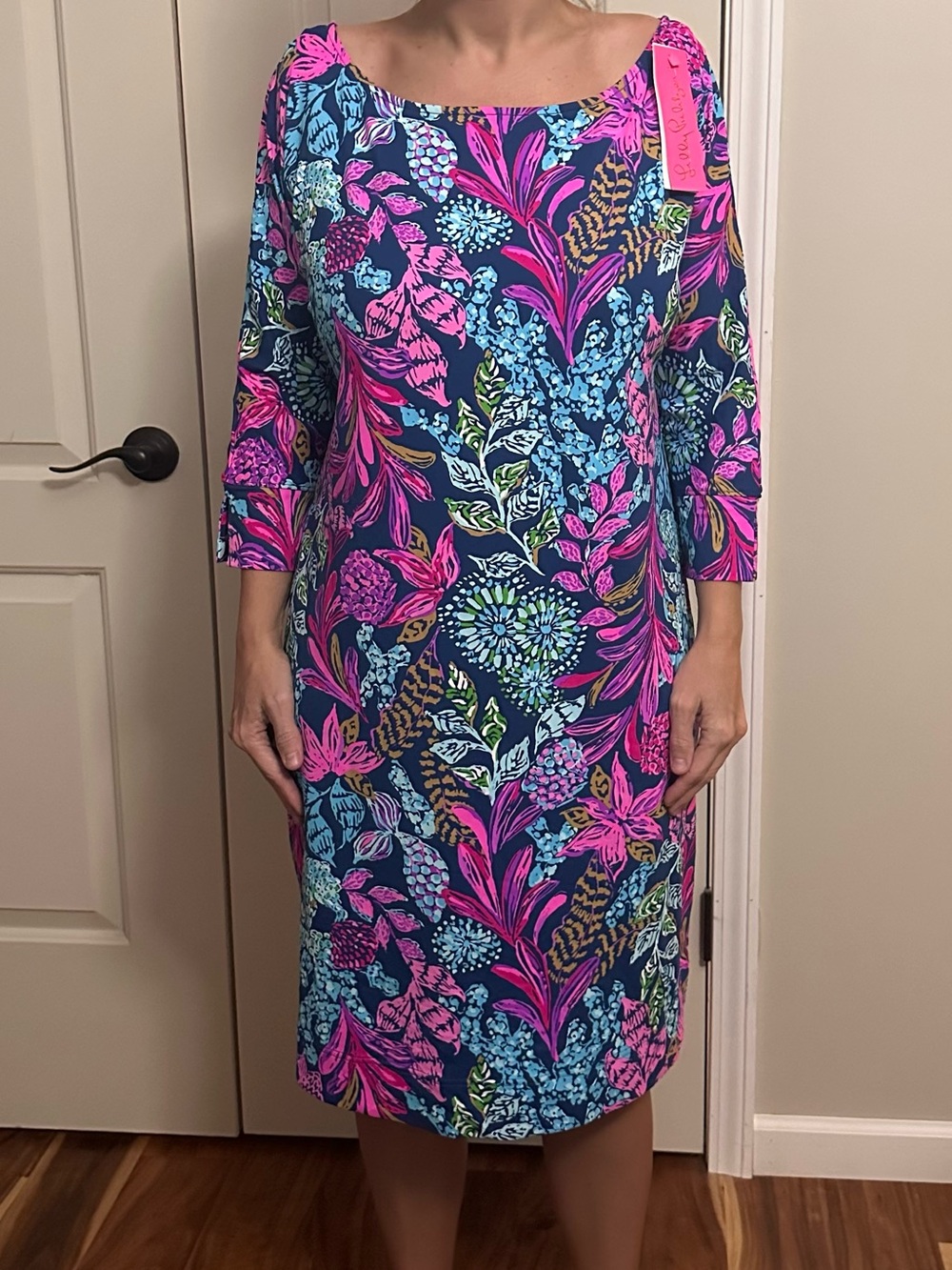 Lilly Pulitzer Navy Midi Dress with Pink & Blue Floral Print
